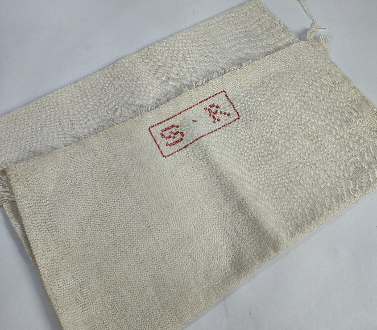 Pair 19th C. Redwork Linen Textiles - 3