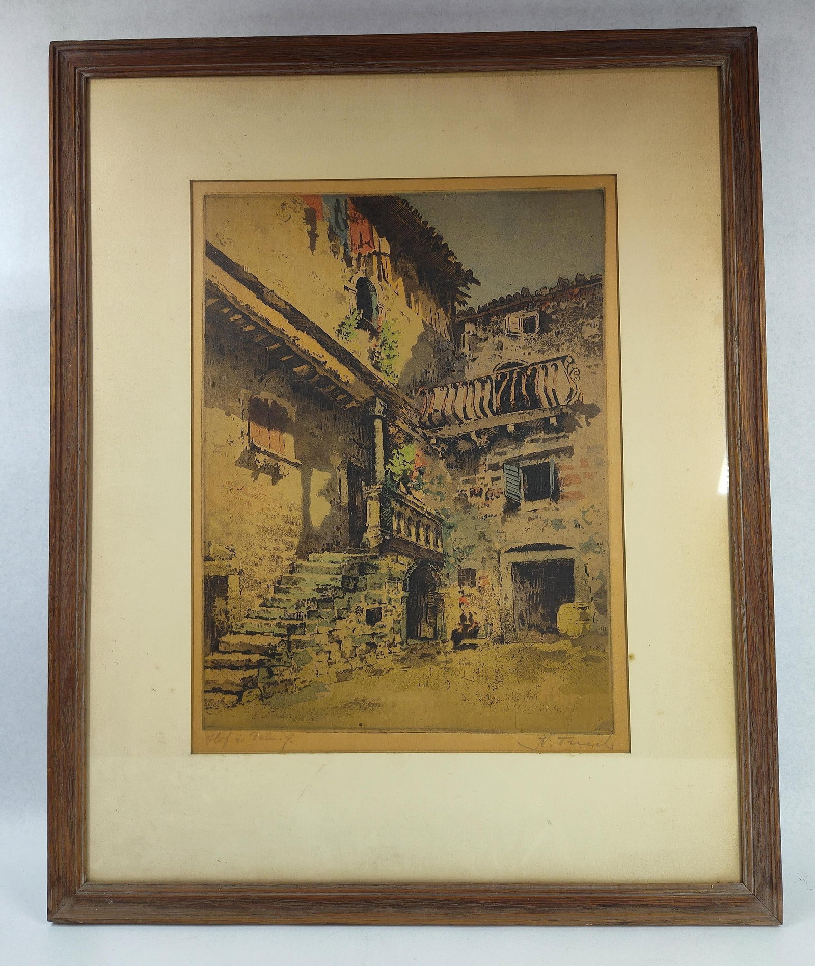 Karl Tucek Etching, Hof in Dalmatien: 21x7 This color etching and aquatint is by the artist Karl Tucek (Austrian, 1889-1952) and is titled Hof in Dalmatien (Courtyard in Dalmatia). The architectural scene depicts a weathered