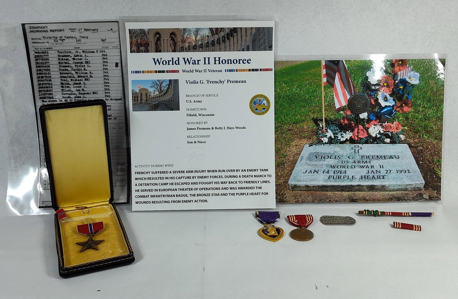 WWII Medals & Ephemera, Violis Premeau: A comprehensive archive of military awards and personal identification belonging to Private Violis G. Frenchy Premeau, service number 36820908, who served with Company K, 141st Infantry Regiment, 36th
