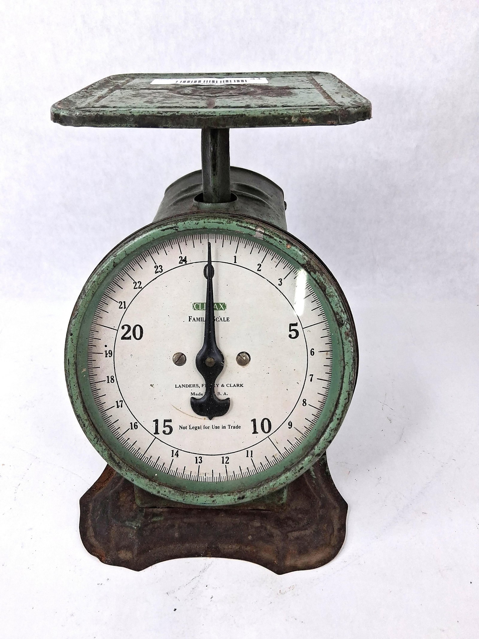 Landers Frary & Clark Climax Scale: This antique kitchen scale is the Climax model manufactured by Landers, Frary and Clark of New Britain, Connecticut. The unit features a painted sheet metal body and a square weighing platform