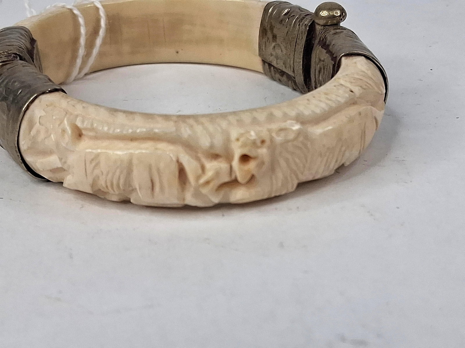 Hand Carved Bone & Metal Hinged Bangle - 2