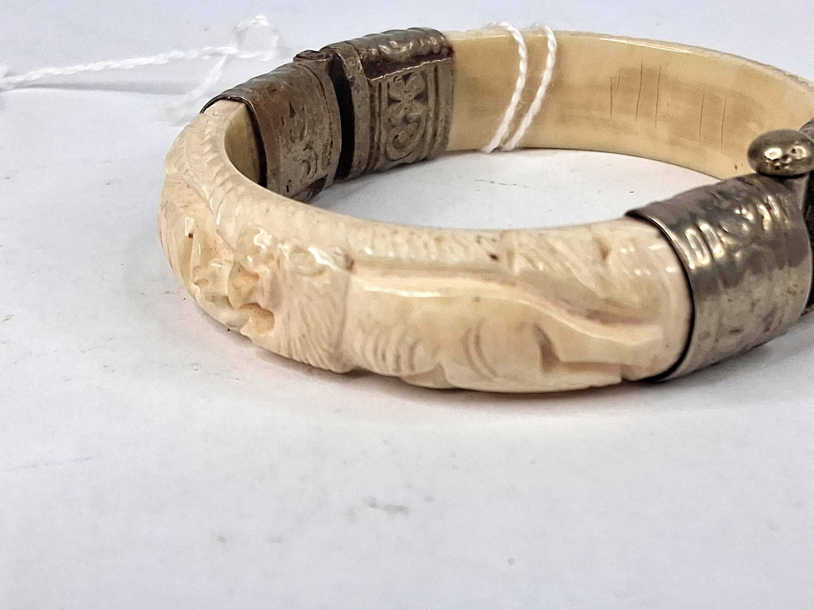 Hand Carved Bone & Metal Hinged Bangle - 3