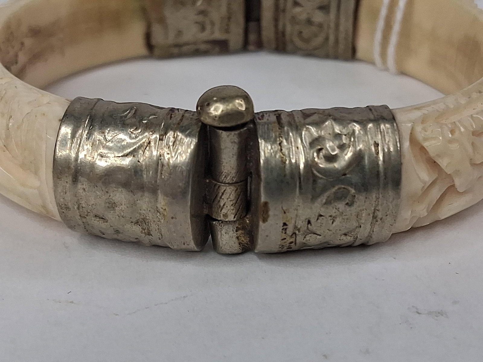 Hand Carved Bone & Metal Hinged Bangle - 6