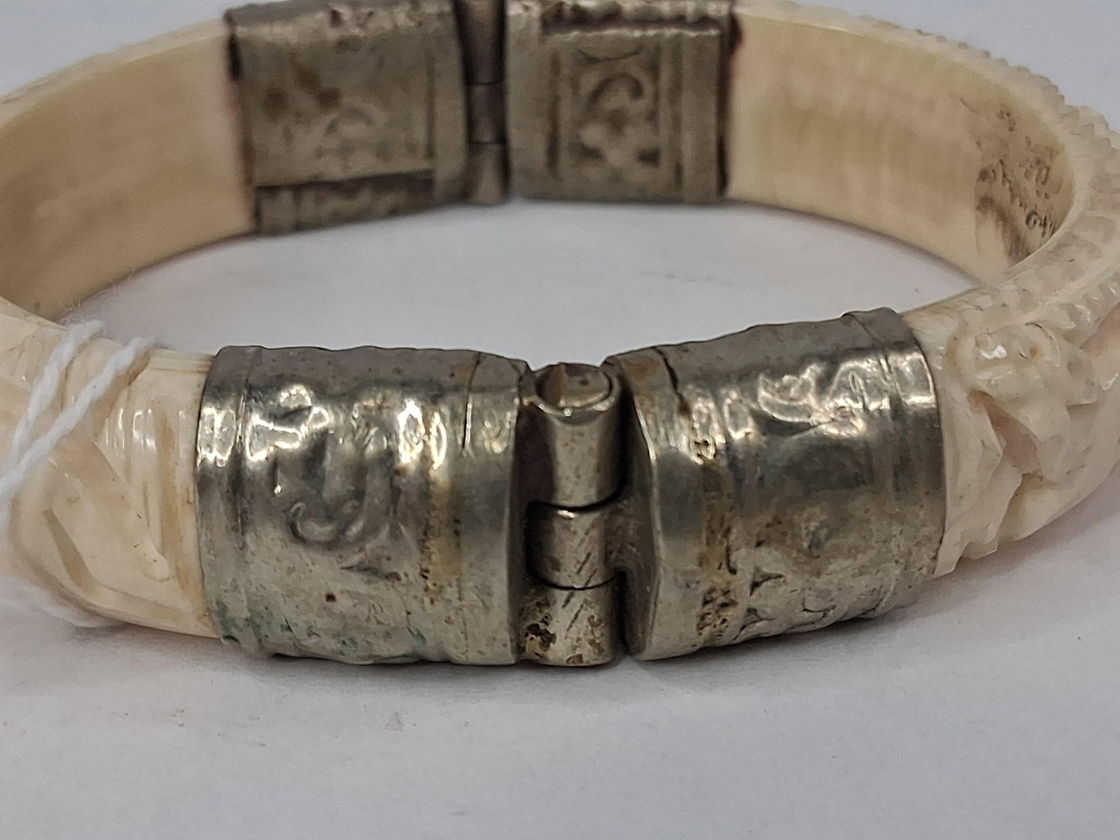 Hand Carved Bone & Metal Hinged Bangle - 8