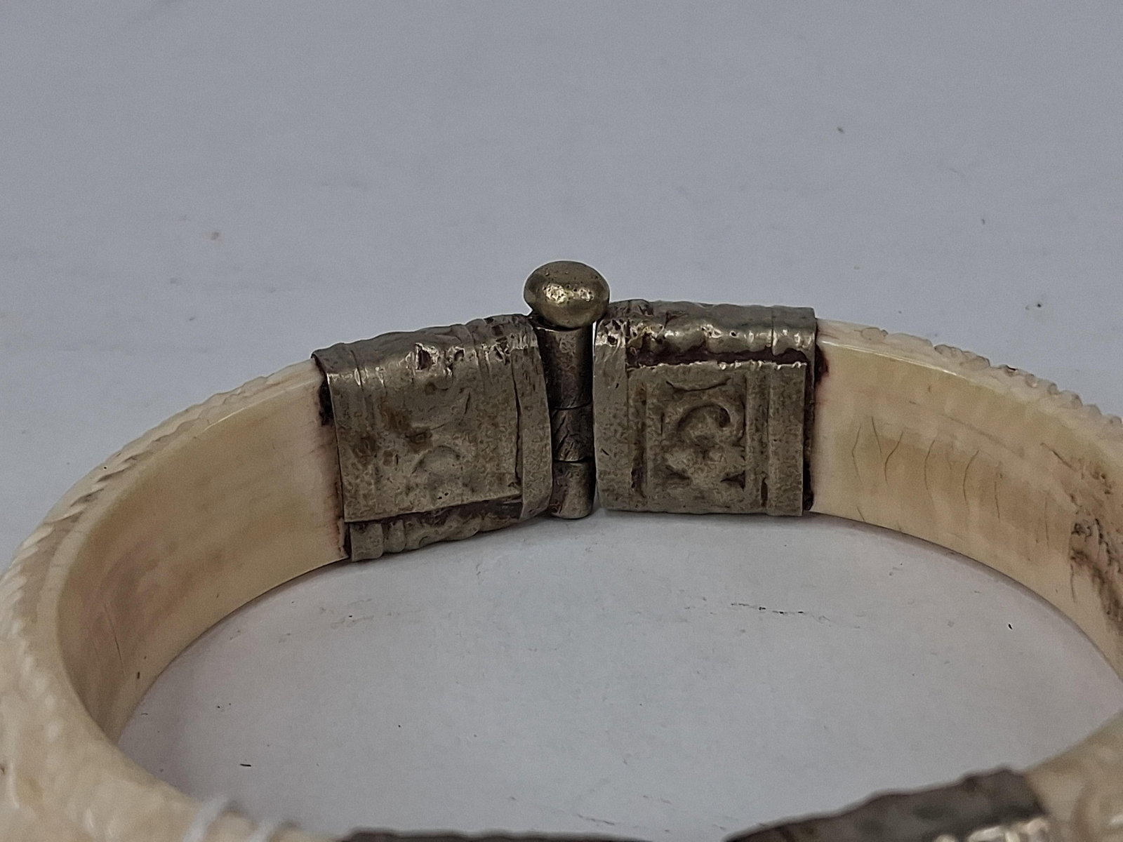 Hand Carved Bone & Metal Hinged Bangle - 9
