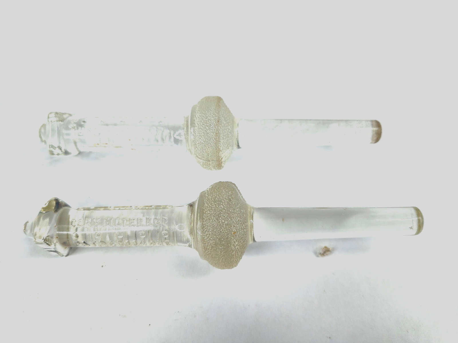Pair Vtg Cory Glass Vacuum Filter Rods: A pair of glass filter rods manufactured by Cory for use in vacuum or siphon coffee brewing systems. These all-glass rods were designed as a permanent alternative to cloth or paper filters. Each rod i