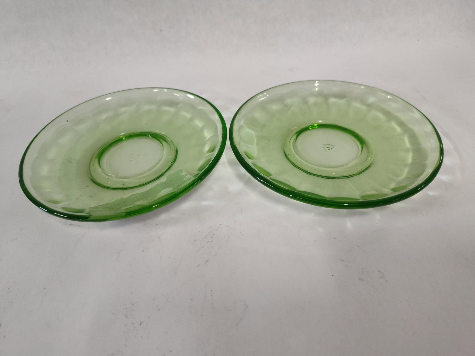 Pair Diamond Uranium Thumbprint Saucers - 2