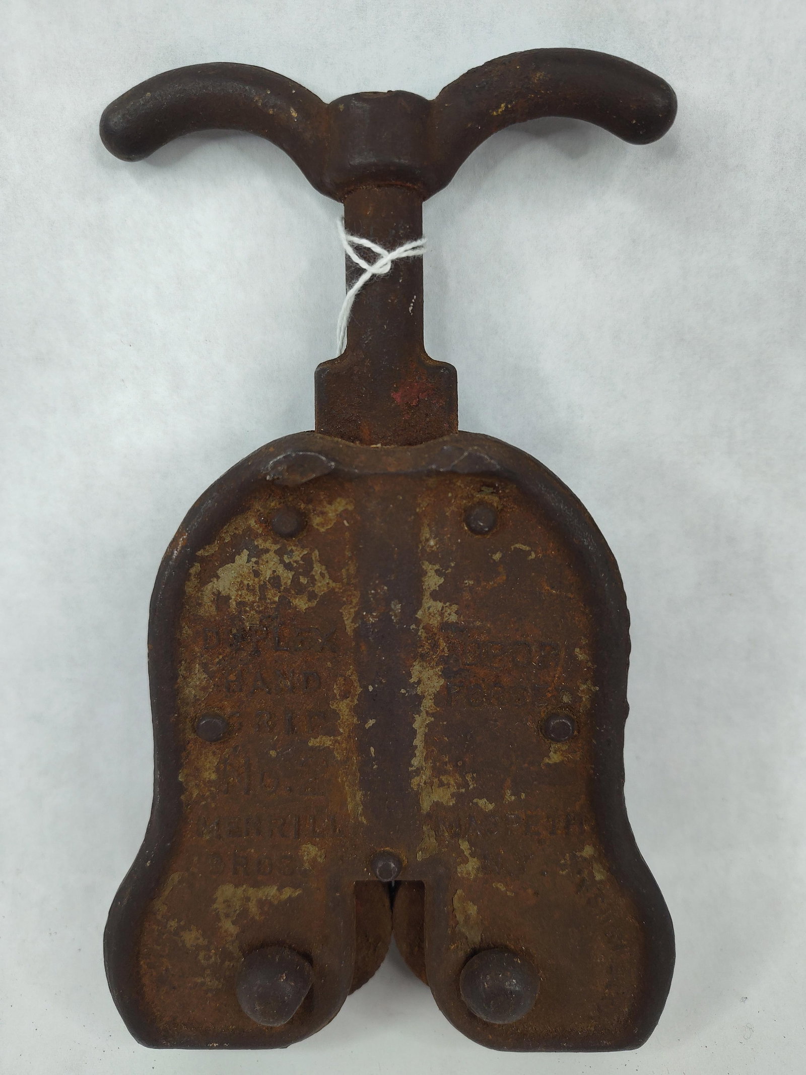 Merrill Bros. Duplex Plate Clamp No. 2: An antique industrial hand tool, specifically a Duplex Hand Grip No. 2 manufactured by Merrill Brothers in Maspeth, New York. This plate clamp is constructed from drop-forged steel and was designed