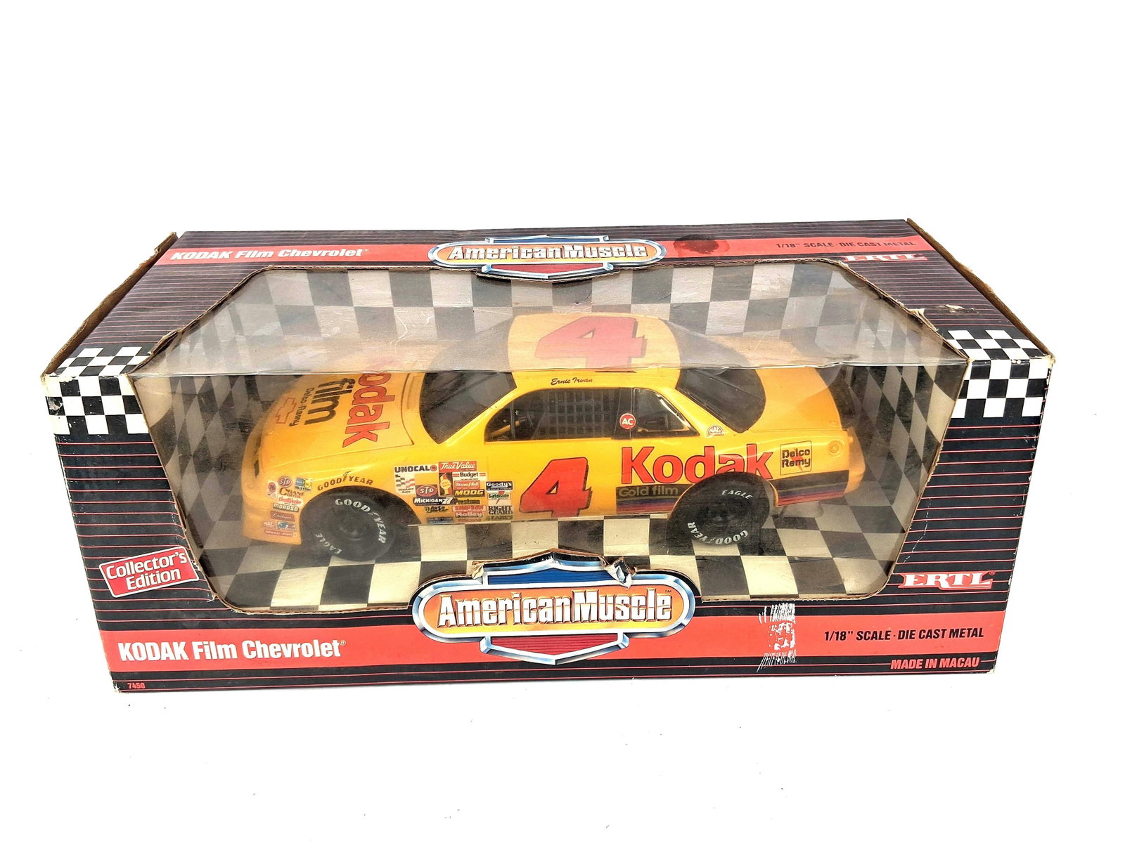 Ertl Ernie Irvan #4 Kodak NASCAR 1/18: Ertl American Muscle 1/18 scale die-cast metal replica of the number 4 Kodak Film Chevrolet stock car as driven by Ernie Irvan. The vehicle features a bright yellow paint scheme with authentic red and