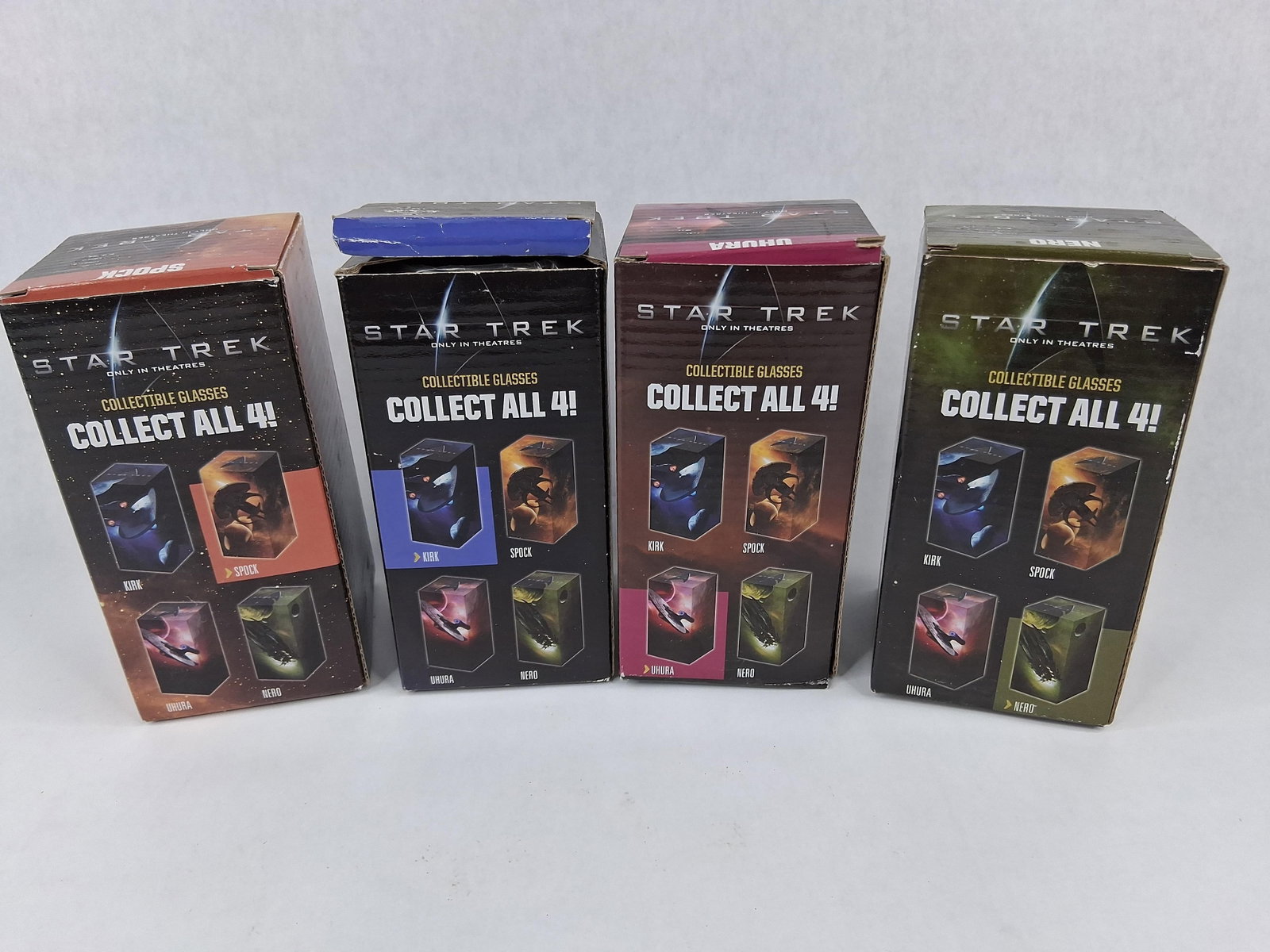 Burger King Star Trek 2009 Glasses (4): This set of four promotional collectible glass tumblers was produced as a tie-in for the 2009 Star Trek motion picture and distributed through Burger King restaurants. The collection consists of four 