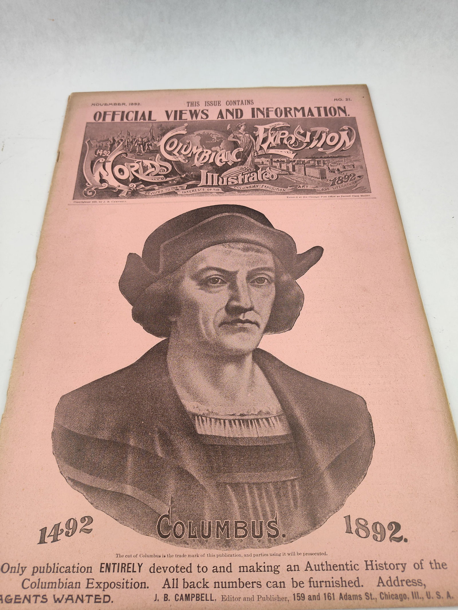 J.B. Campbell, World's Columbian, 1892: This issue of World's Columbian Exposition Illustrated, dated November 1892 (Issue No. 21; Vol. II, No. 9), was published by J. B. Campbell in Chicago. The publication is a quarto-sized softcover