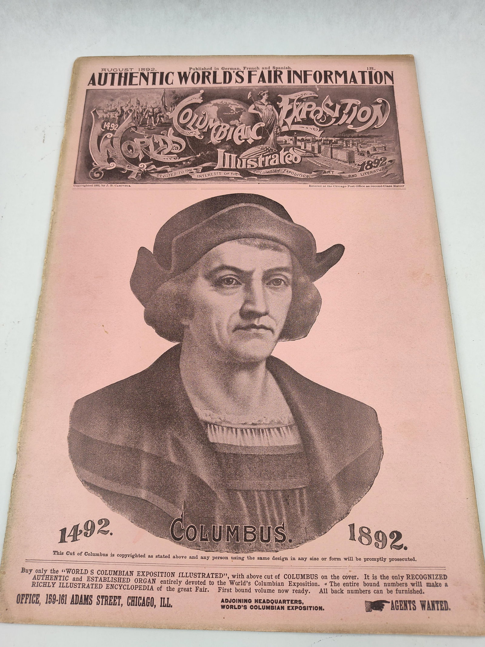 Campbell, Columbian Expo Illus. 1892: This item is a single issue of the periodical titled World's Columbian Exposition Illustrated, designated as Vol. II, No. 6, and dated August 1892. Published by J.B. Campbell in Chicago, Illinois, thi