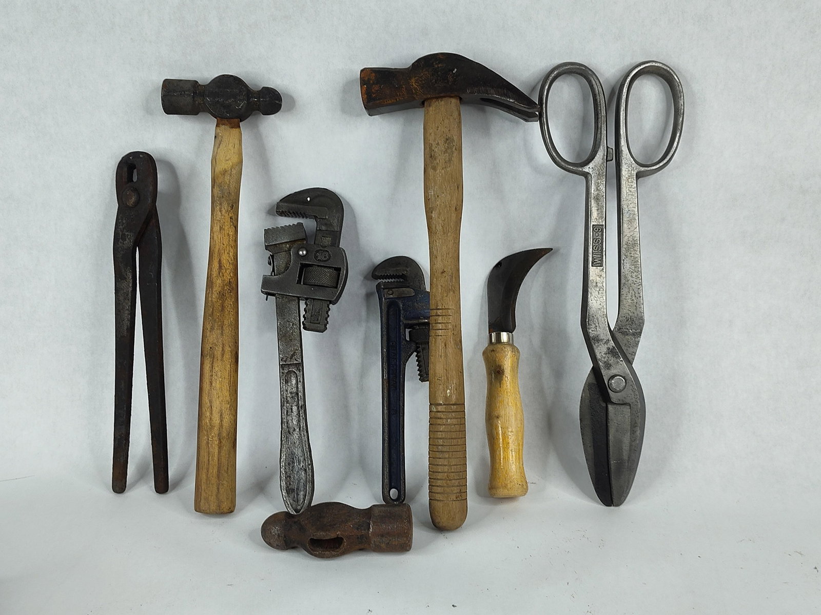 Wiss, Craftsman & Utica Vtg Hand Tools: This lot features a collection of hand tools primarily of American manufacture, including various cutting, striking, and gripping implements. The grouping includes a pair of Wiss-9 tin snips stamped W
