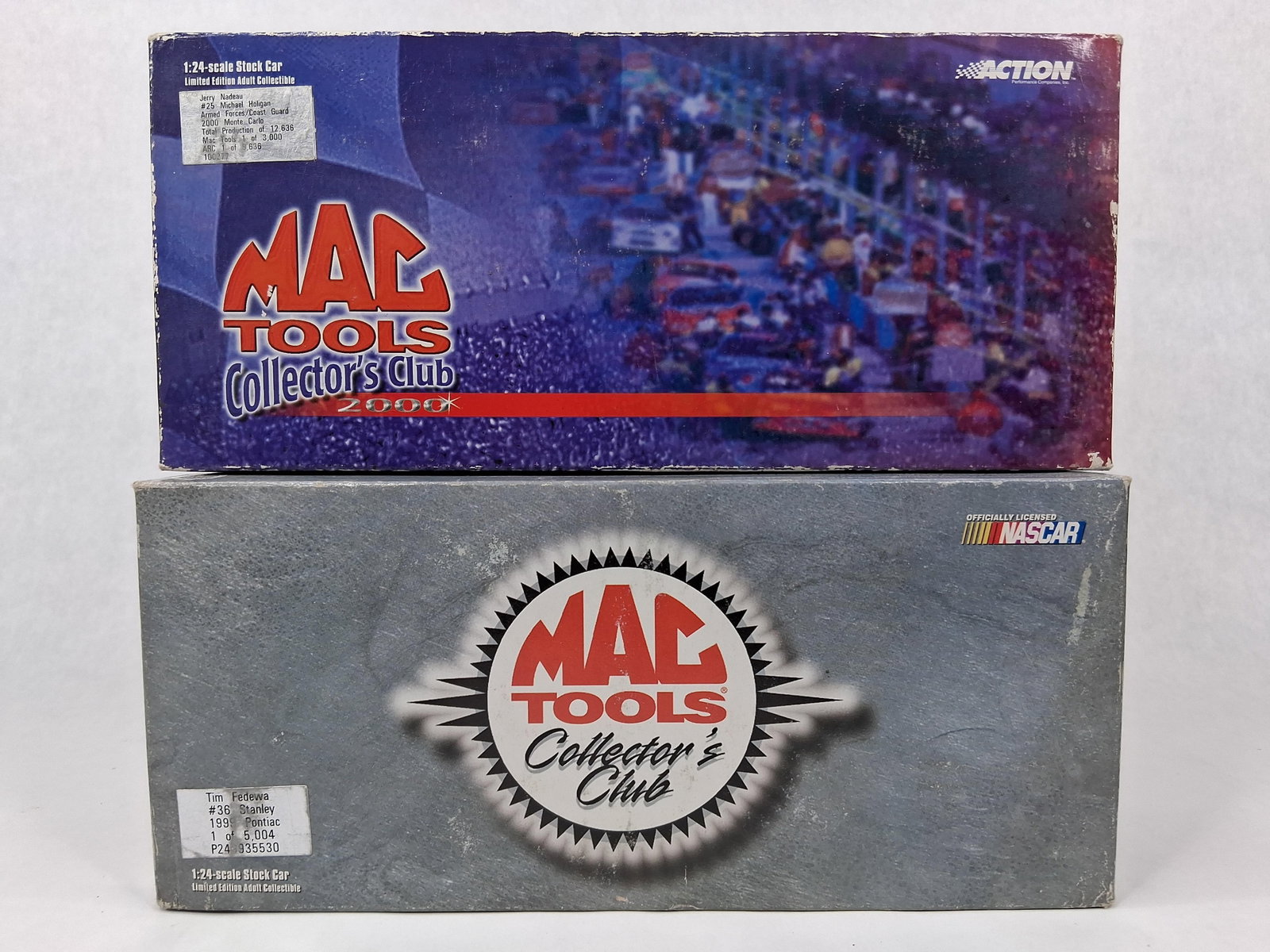 Pair Mac Tools NASCAR Die-Cast Cars: This lot features two 1:24-scale NASCAR die-cast stock cars manufactured by Action Performance Companies, Inc. exclusively for the Mac Tools Collector's Club. Both vehicles are constructed of