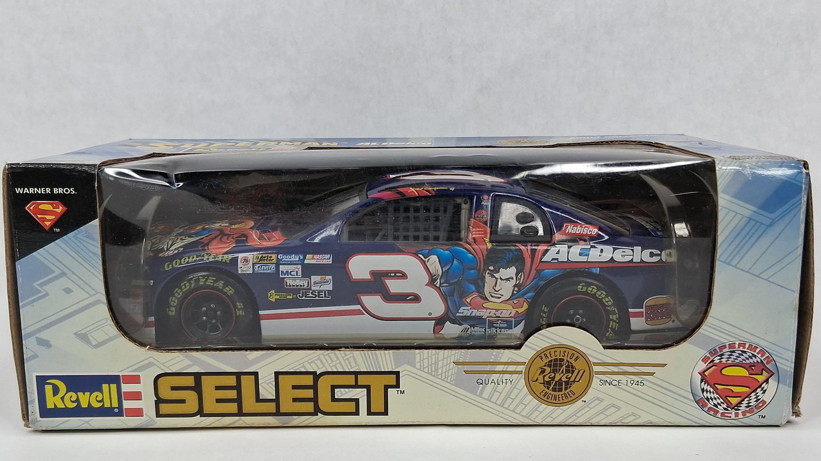 Revell 1:24 Superman Earnhardt Jr. Car: This is a 1:24 scale authentic diecast replica of the #3 Chevrolet Monte Carlo driven by Dale Earnhardt Jr. featuring the special Superman and ACDelco promotional livery. Manufactured by Revell as par
