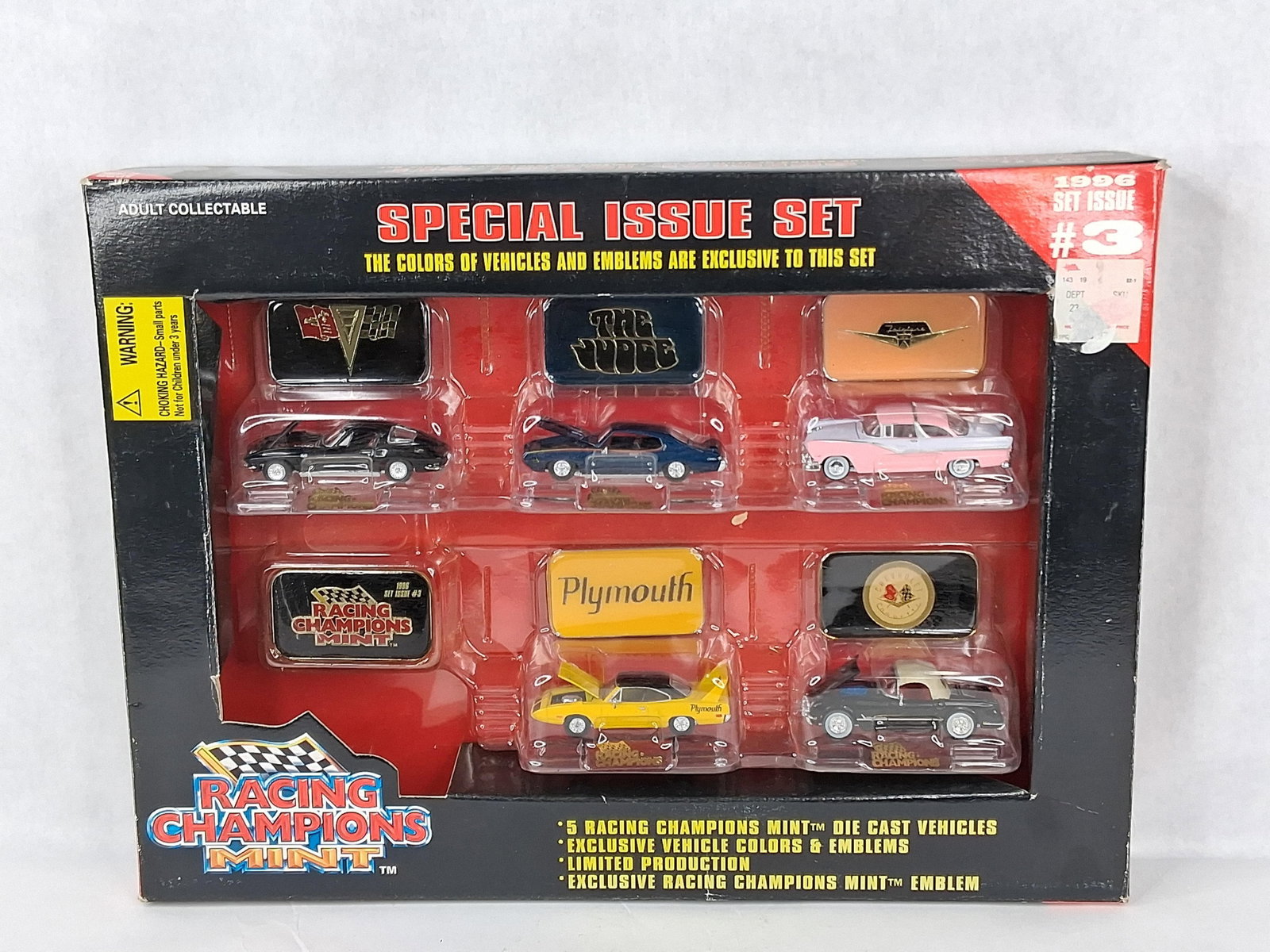 Racing Champions Mint 1996 Issue Set #3: A 1996 Racing Champions Mint Special Issue Set #3, Item No. 08181. This limited production collector set features five die-cast metal vehicles with plastic detailing, each accompanied by a