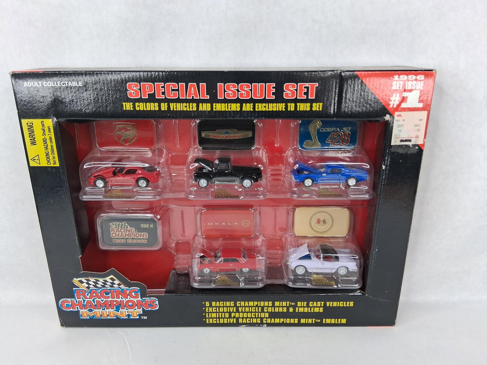Racing Champions Mint Special Set 1 '96: This Racing Champions Mint Special Issue Set #1 features a collection of die-cast metal vehicles and corresponding emblems, issued in 1996. The set includes five 1:64 scale vehicles in colors