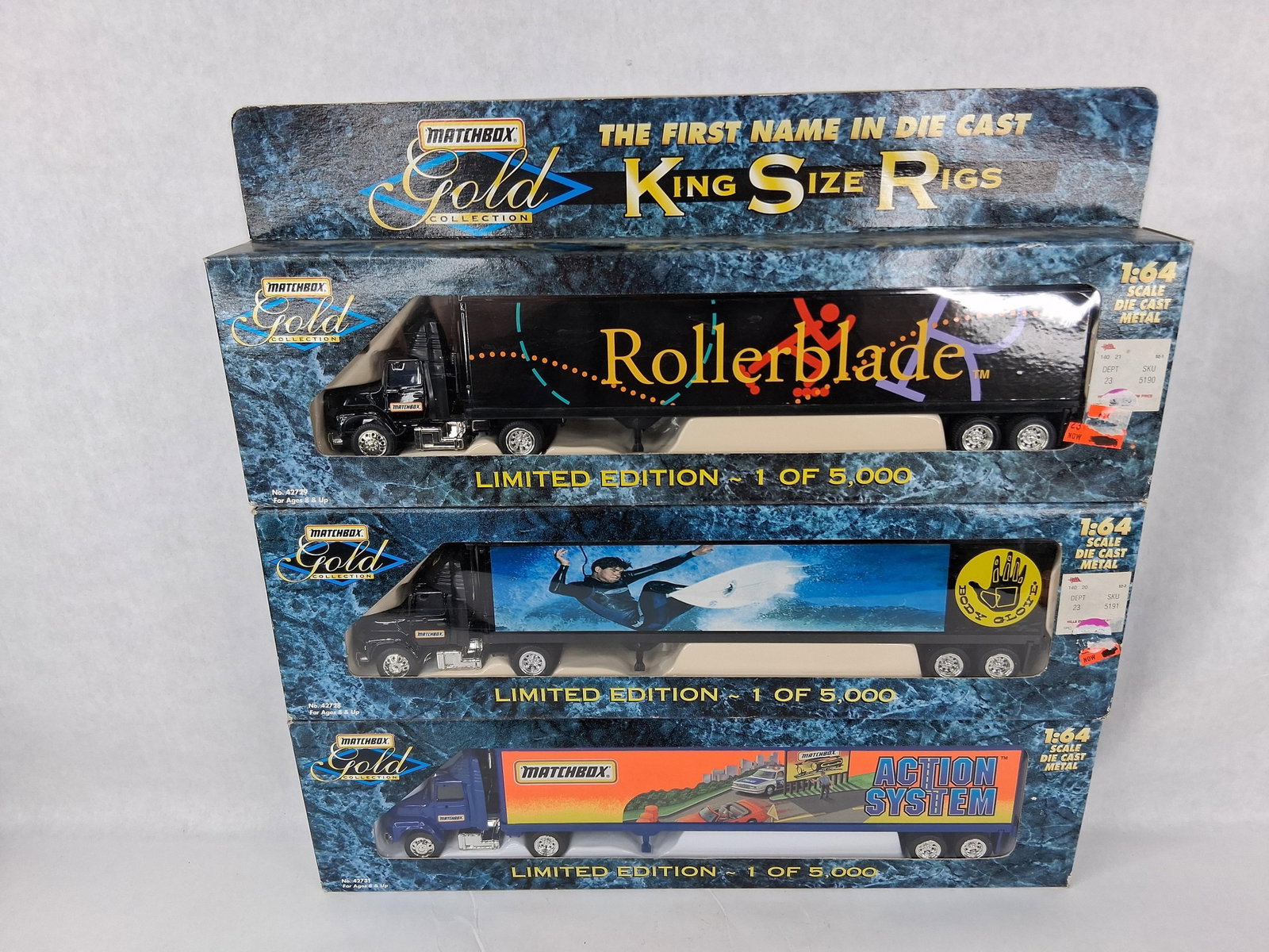 3 Matchbox Gold King Size Rigs, Boxed: A set of three Matchbox Gold Collection King Size Rigs, produced by Mattel. These 1:64 scale die-cast metal semi-trucks were released as part of a limited edition production run of 5,000 pieces per st