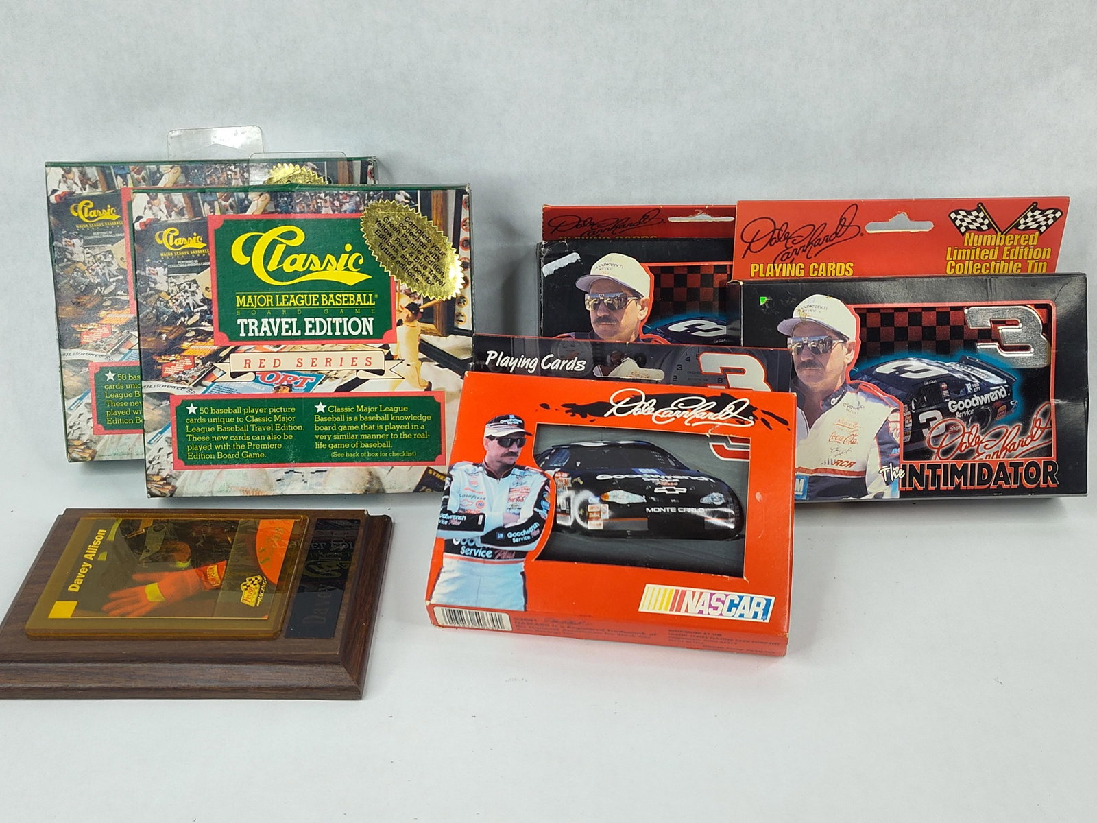 Vtg NASCAR & MLB Memorabilia & Games: An assortment of sports memorabilia comprising NASCAR racing collectibles and Major League Baseball games. The collection features items related to legendary drivers Dale Earnhardt and Davey Allison, 