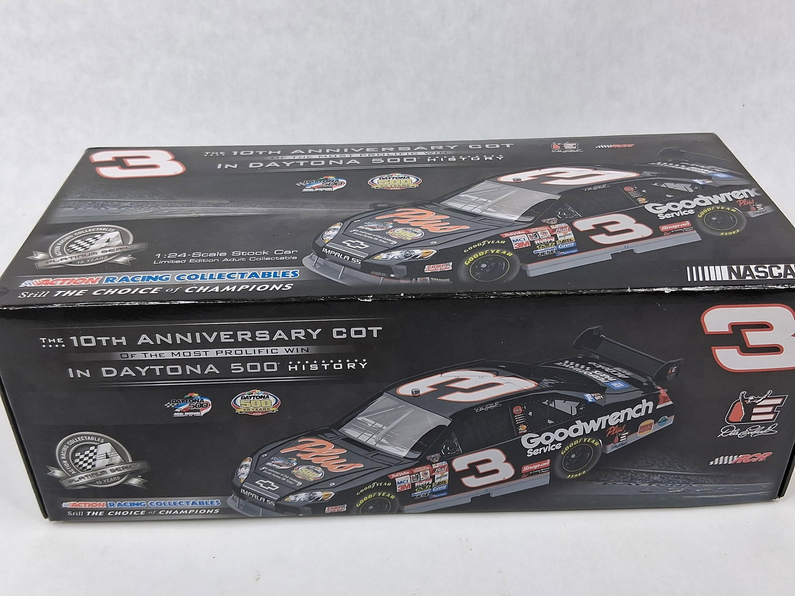 Action 2008 Earnhardt Chevy SS Die-Cast: This Action Racing Collectables Platinum Series 1:24 scale die-cast model represents the 2008 Chevrolet Impala SS Car of Tomorrow (COT) released to commemorate the 10th anniversary of Dale Earnhardt?s