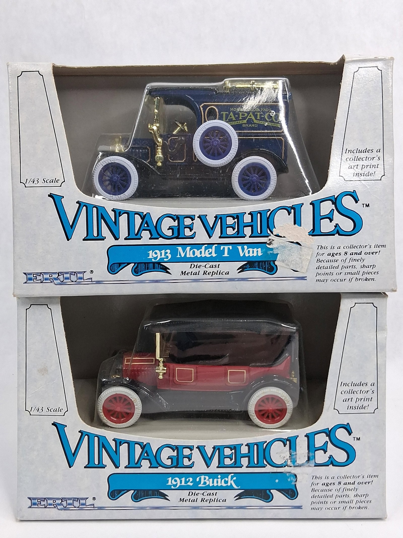 Pair ERTL Vtg 1/43 Die-Cast Metal Cars: This lot features a pair of die-cast metal replica vehicles from the ERTL Vehicles series, both produced in 1/43 scale. The first vehicle is a 1913 Model T Van finished in dark blue with black fenders
