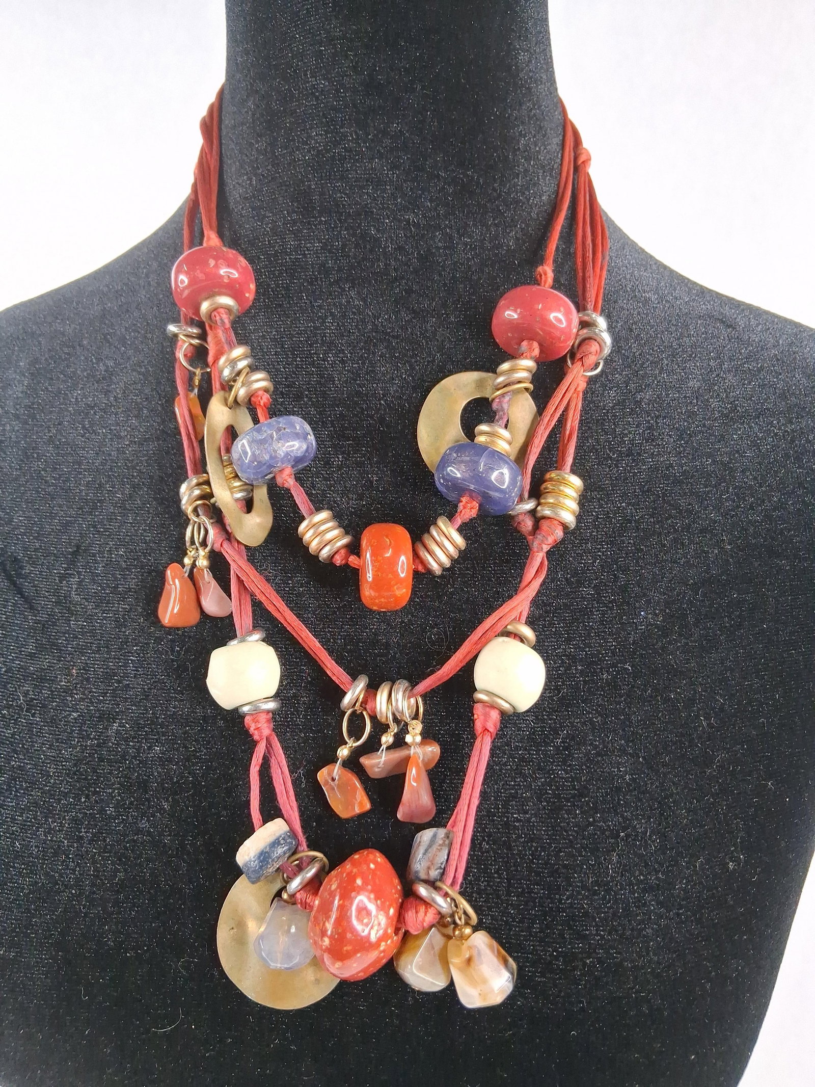 Multi Strand Red Fiber & Stone Necklace (1 of 3)