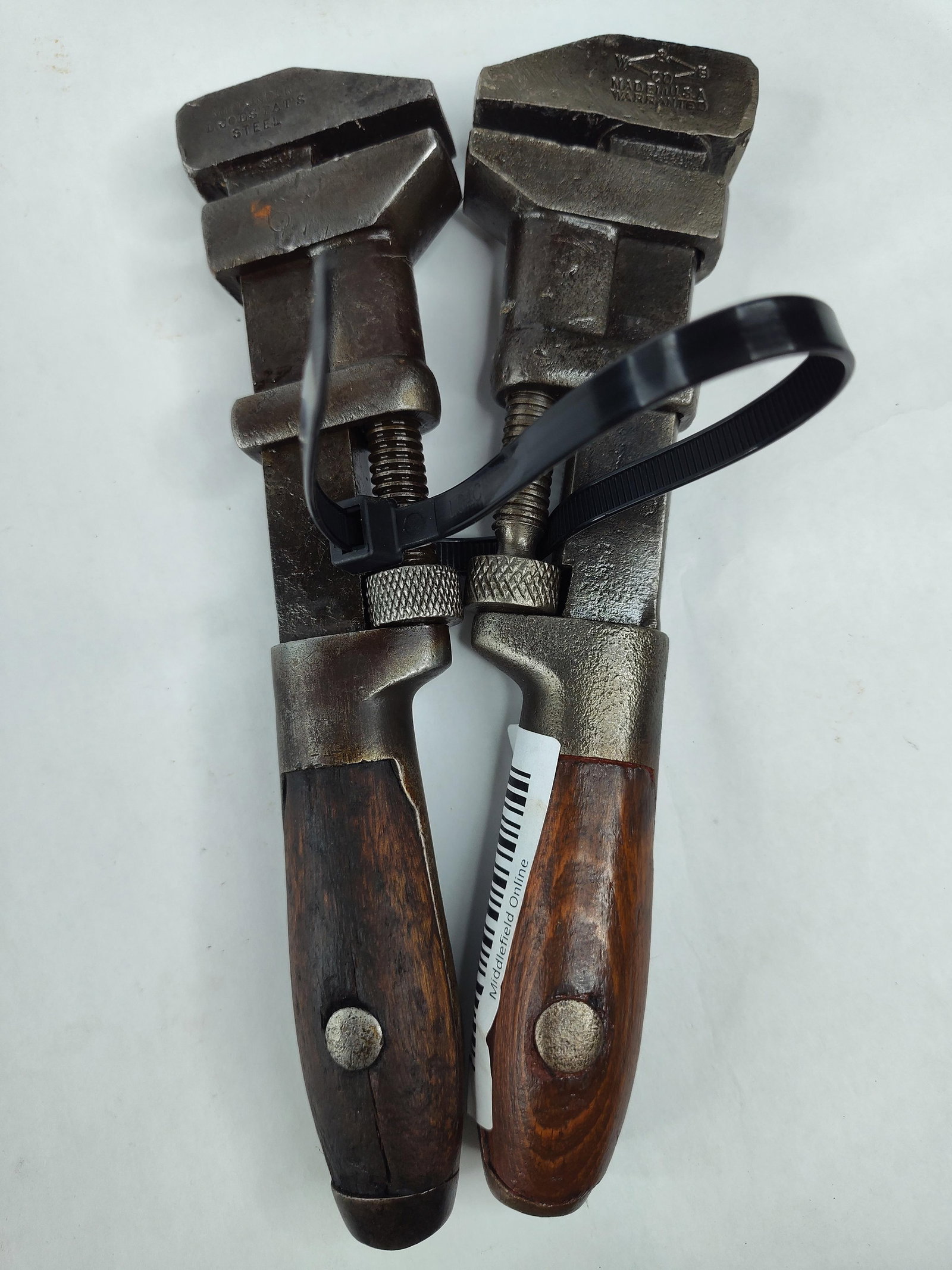 Pair Coes & Whitman & Barnes Wrenches: A pair of antique adjustable monkey wrenches featuring the classic knife-handle design with wooden handle scales. The first wrench was manufactured by the Coes Wrench Company in Worcester,