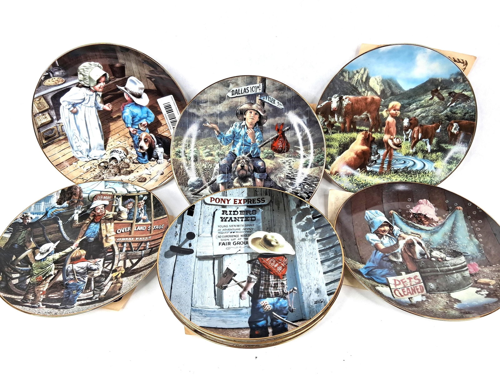 Set 8 Don Crook Frontier Porc. Plates: A collection of eight fine porcelain collector plates from the Children of the American Frontier series, featuring the artwork of Western artist Don Crook. Produced by Woodmere for River Shore and The