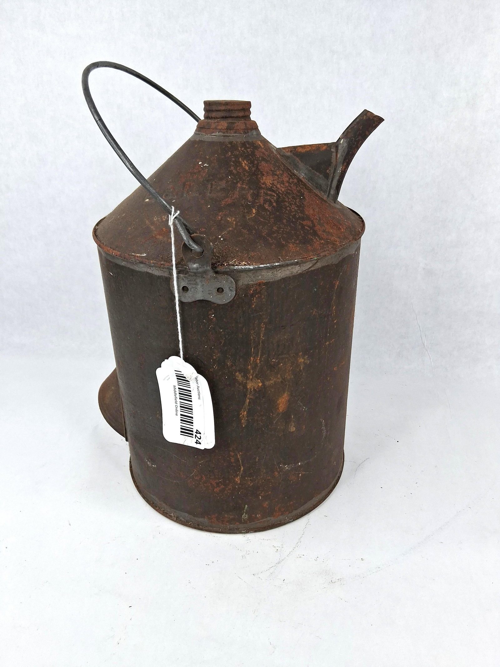 Bessemer & Lake Erie RR Service Can: This antique railroad service can features the embossed mark B & L E R R on the upper conical shoulder, identifying it as property of the Bessemer and Lake Erie Railroad. The vessel is constructed of