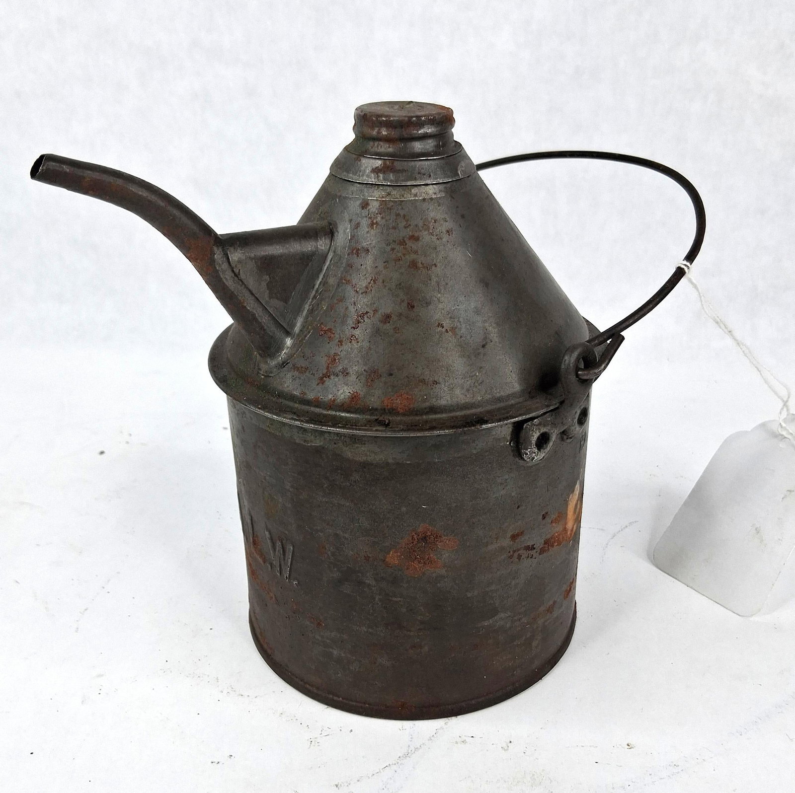 Pennsylvania Lines West Oil Can: This railroad-style oil can is constructed from heavy-gauge sheet metal with a classic conical engineer design. The cylindrical body features the embossed characters PA. L.W. which identifies the