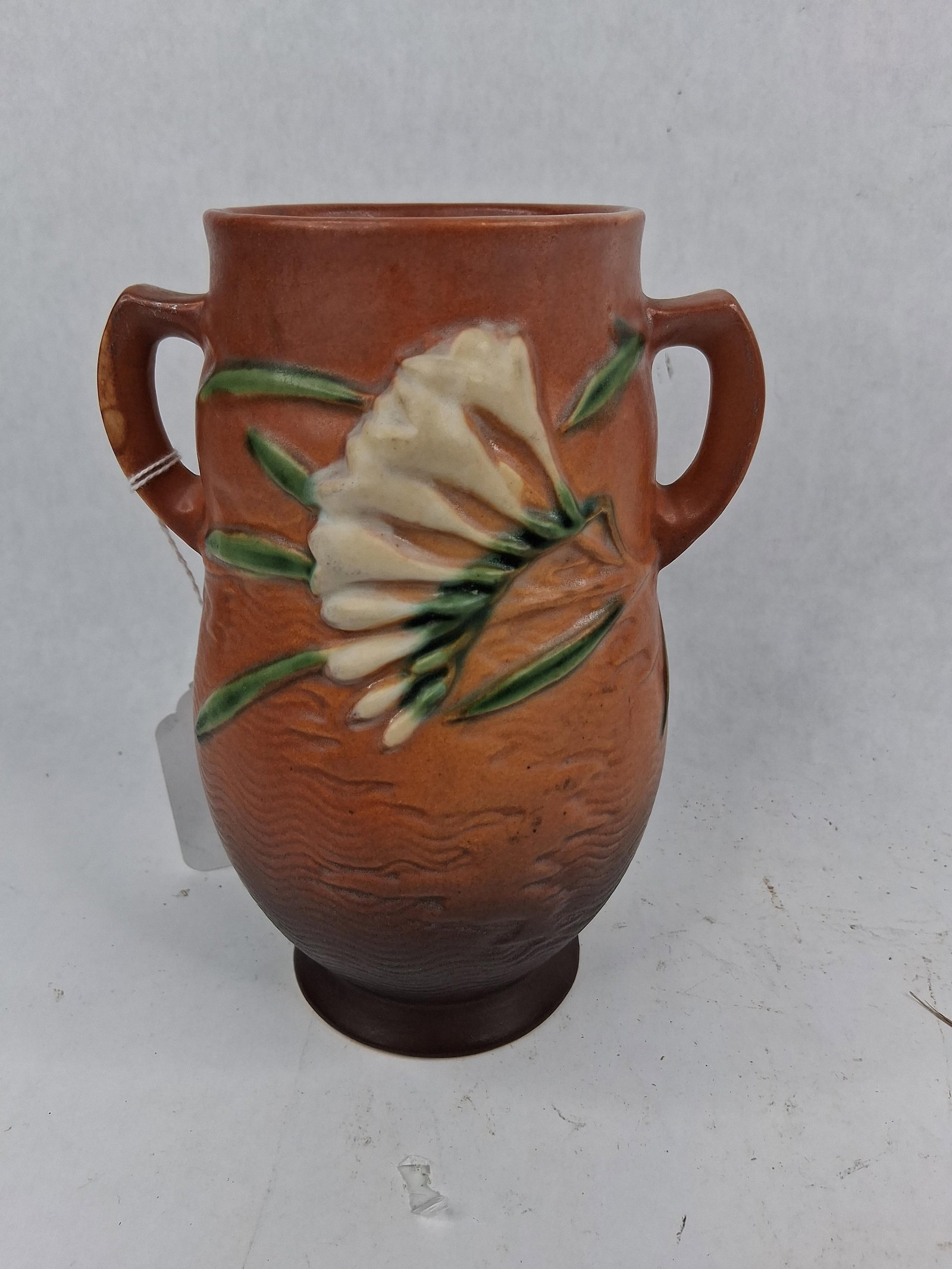 2-Handled), that's another descriptor: An earthenware vase produced by the Roseville Pottery Company in the Freesia pattern. The vessel features a bulbous body with a slightly flared rim and two small angular handles at the shoulders. The 