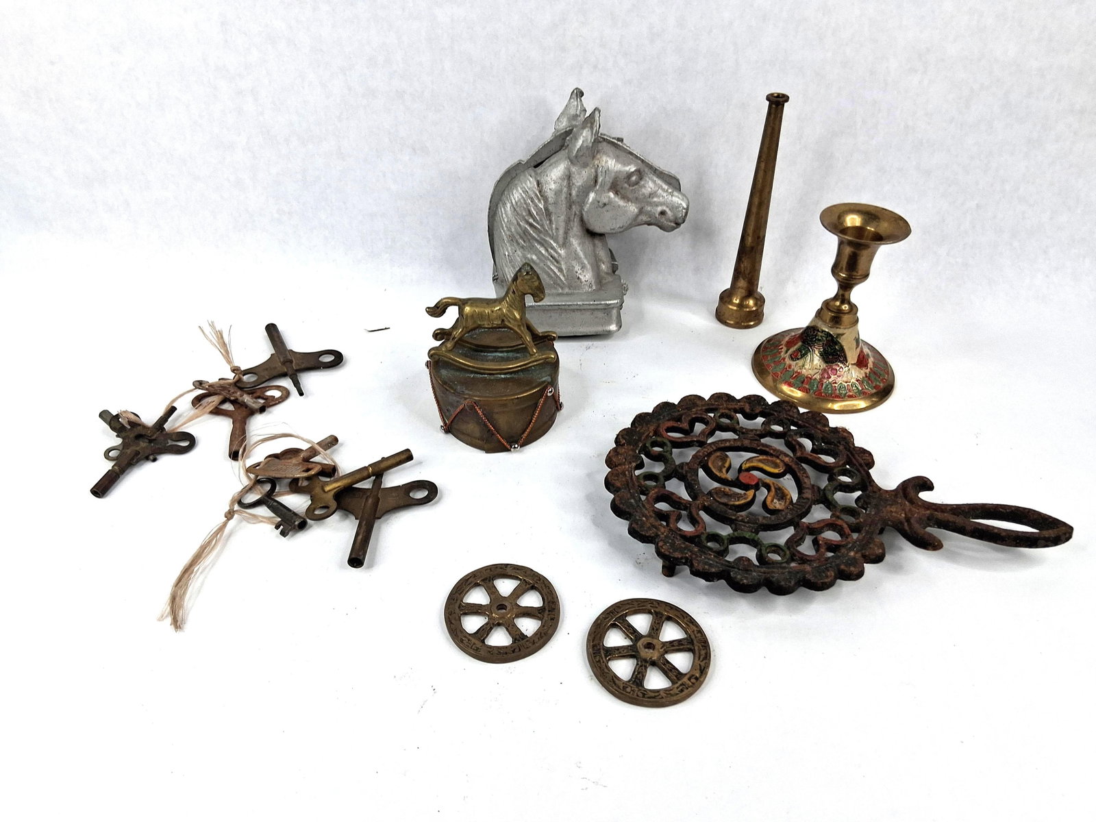 Assorted Vtg Metalware & Collectibles: This lot consists of an assortment of metal decorative and functional objects. It includes a two-piece cast white metal horse head still bank with a hollowed interior, featuring handwritten blue ink