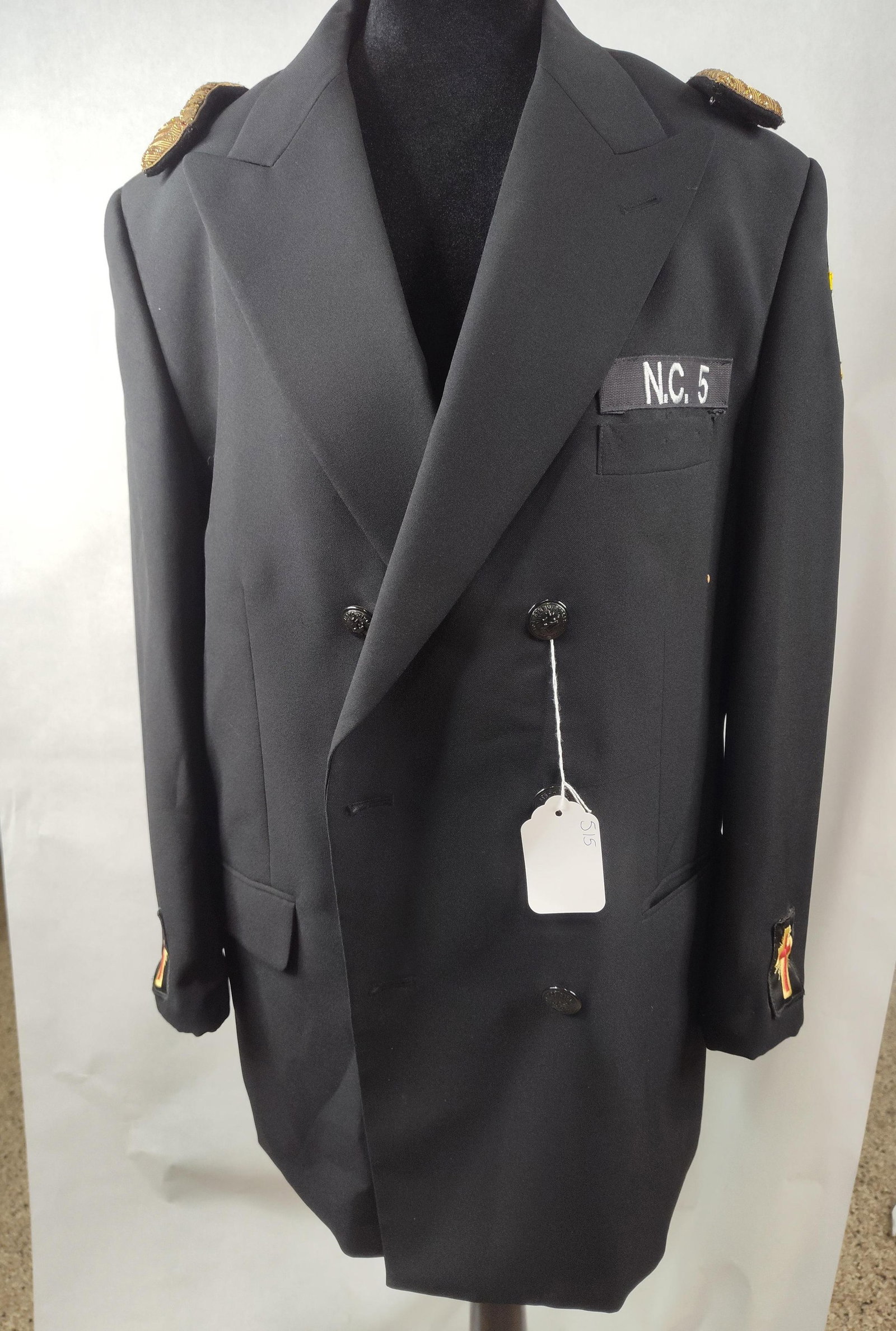 Masonic Knights Templar Uniform Jacket: A black double-breasted fraternal uniform jacket, modified from a Bolzano Uomo Collezione civilian blazer. The garment is constructed from a black wool-blend shell with a 100 percent polyester