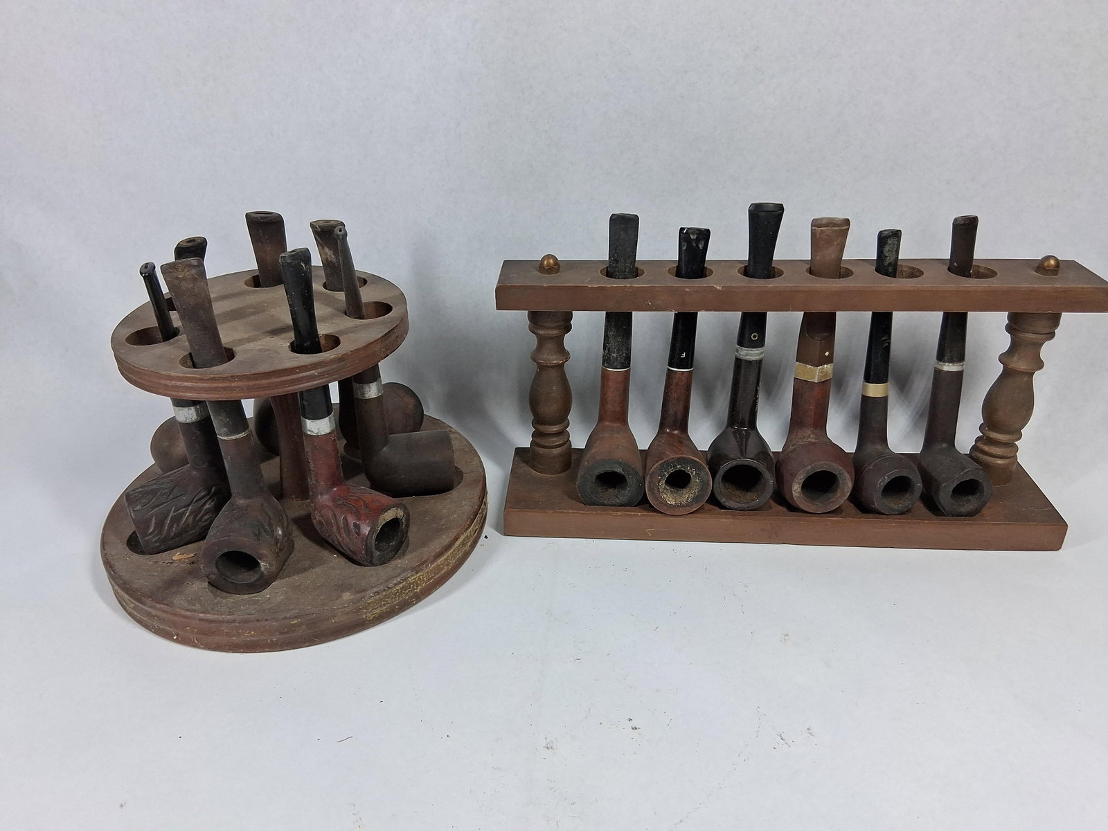 Grabow, Yello-Bole & Medico Pipes/Racks: A collection of vintage tobacco smoking pipes composed primarily of briar wood bowls and vulcanite or plastic stems. The group features a variety of classic shapes including billiard, pot, and dublin