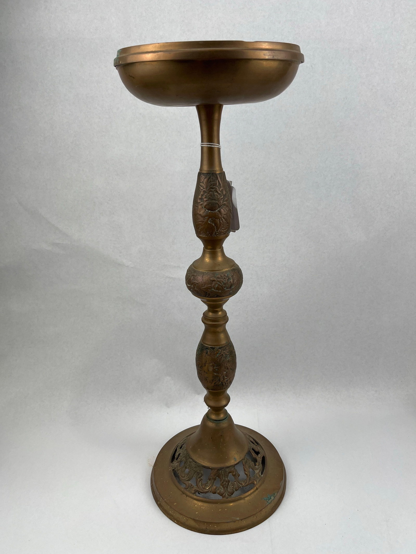 Cast Brass Chinese Zodiac Floor Stand: A tall, floor-standing decorative stand constructed from multiple cast brass sections. The piece features a shallow, wide circular bowl supported by a baluster-form stem and a wide, flared circular