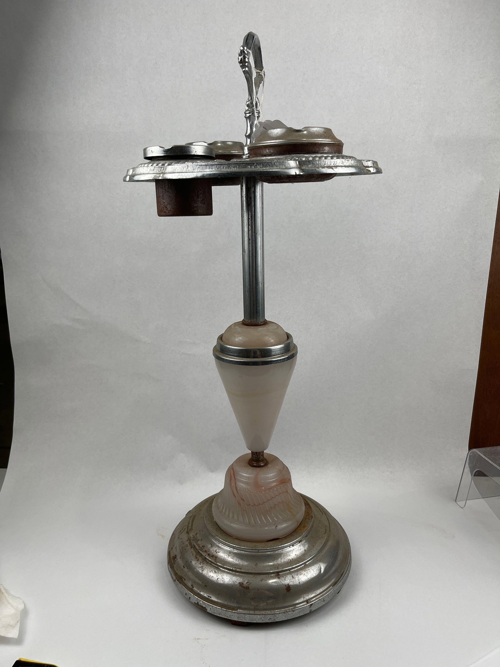 Art Deco Chrome & Pink Slag Smoke Stand (1 of 8)