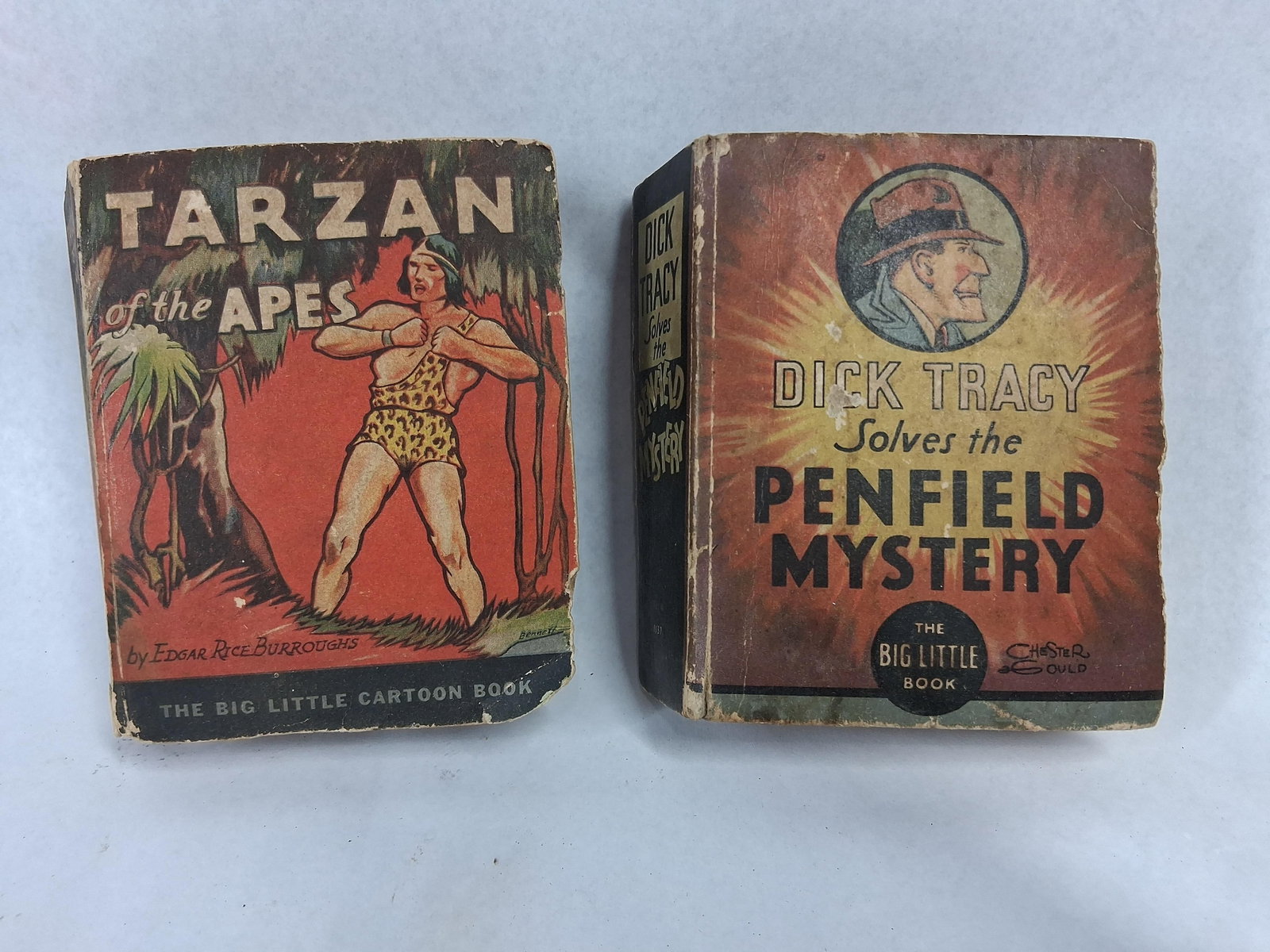 Whitman Big Little Books: Tarzan, Tracy: A collection of two vintage pulp-era illustrated books published by Whitman Publishing Co. of Racine, Wisconsin. The first volume is Tarzan of the Apes by Edgar Rice Burroughs, identified on the