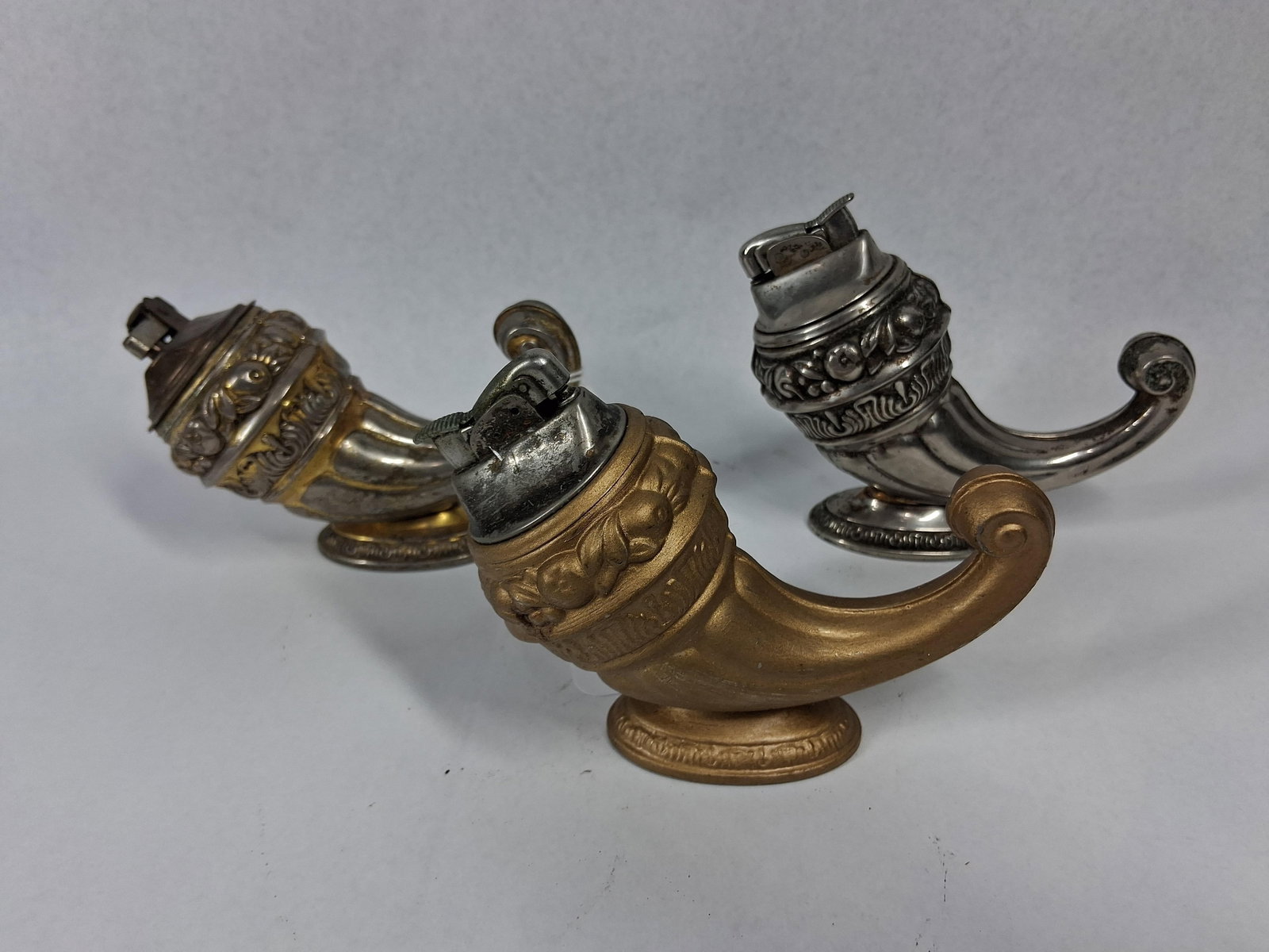 3 Vtg Metal Cornucopia Table Lighters