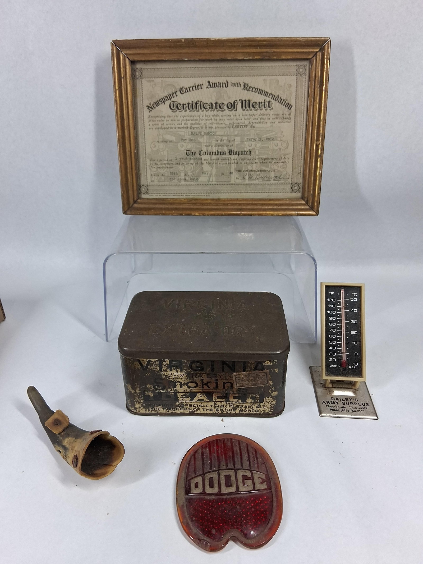 Vtg Advertising, Ohio Ephemera & Auto: A collection of vintage items including advertising, regional ephemera, and automotive parts. The group features a framed Newspaper Carrier Award with Recommendation Certificate of Merit issued by