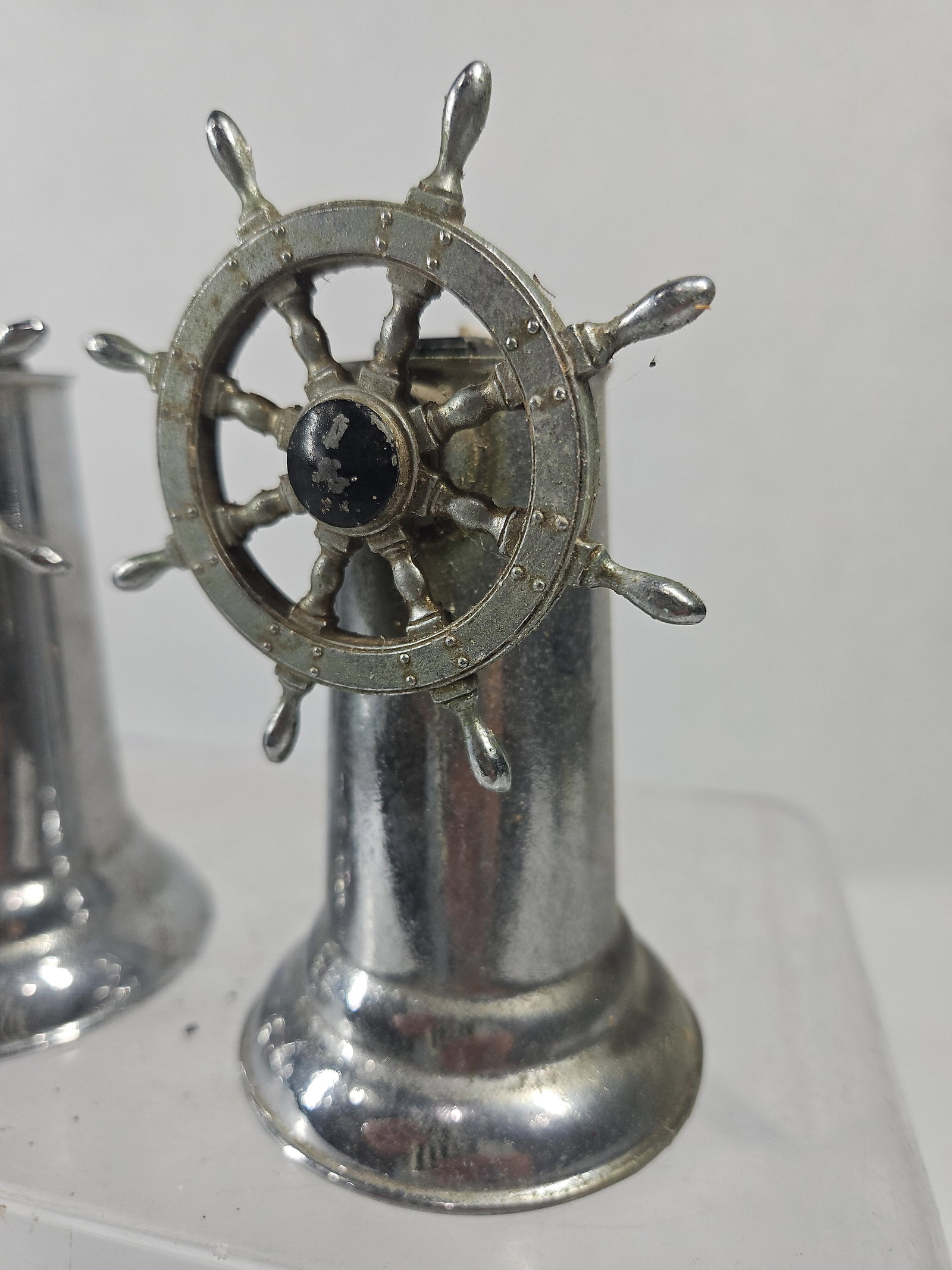 Pair Chrome Ship Wheel Table Lighters - 2