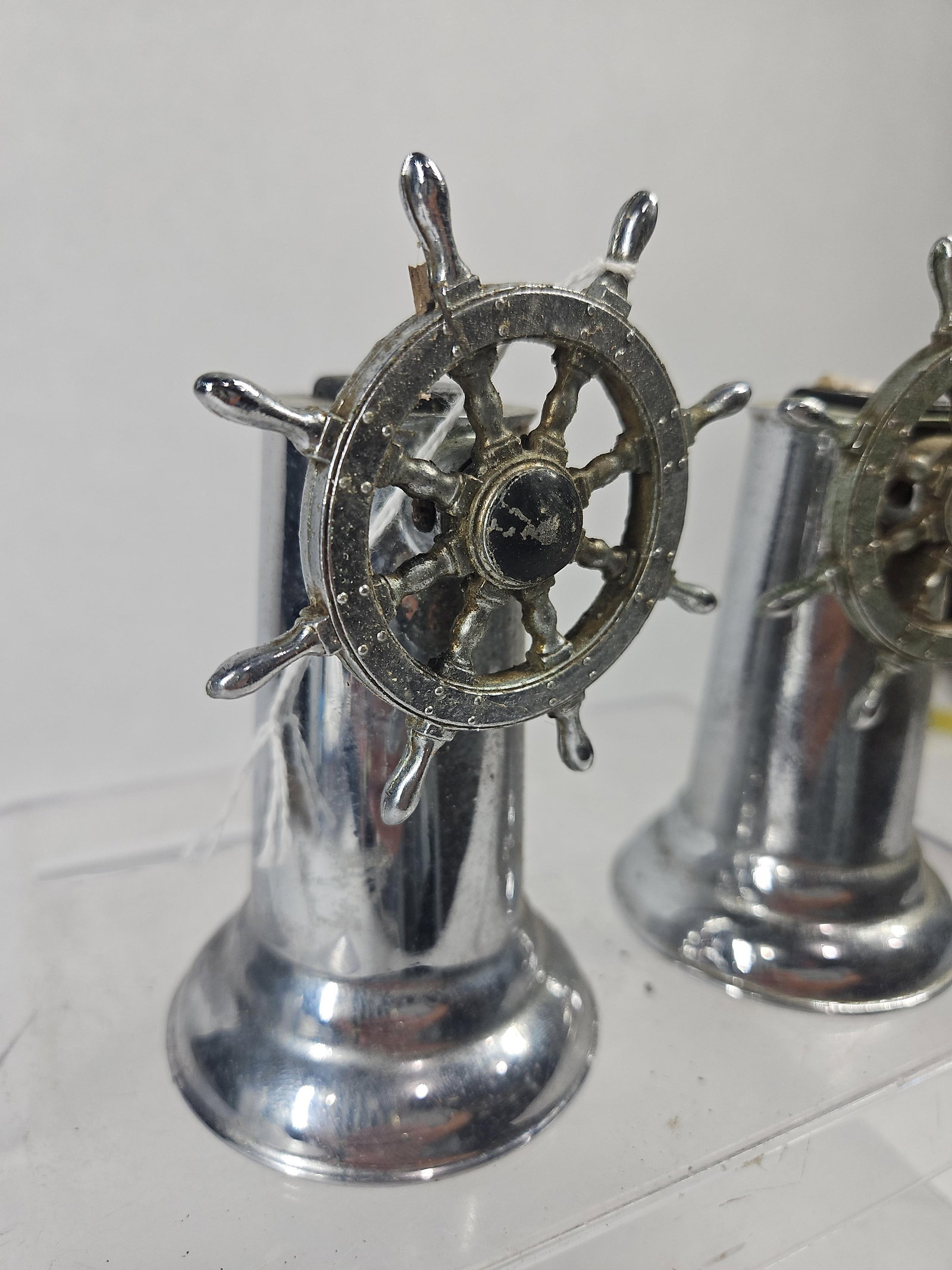 Pair Chrome Ship Wheel Table Lighters - 3
