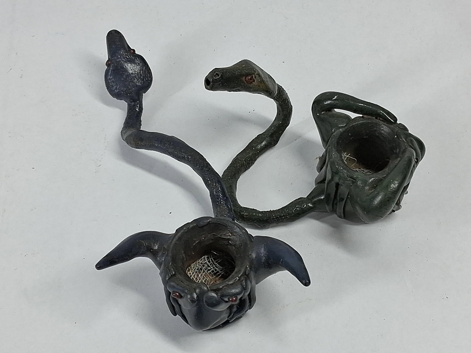 Pair Grotesque Figural Snake Stem Pipes - 8
