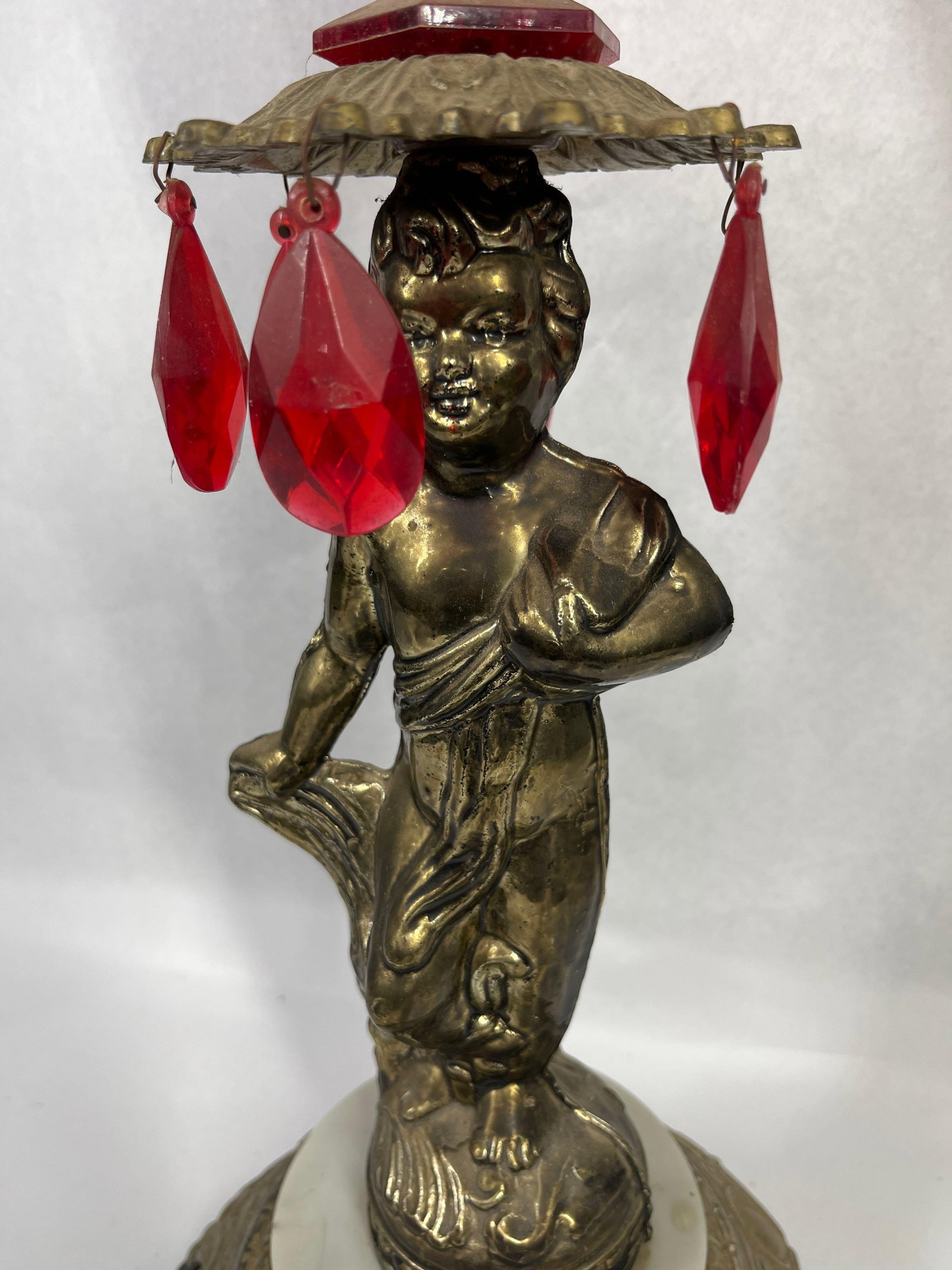 Vtg Cherub Ashtray Stand w/ Ruby Prisms - 2