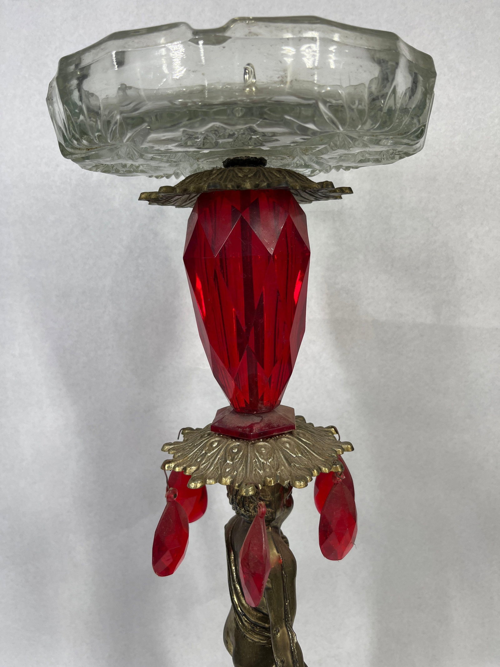 Vtg Cherub Ashtray Stand w/ Ruby Prisms - 5