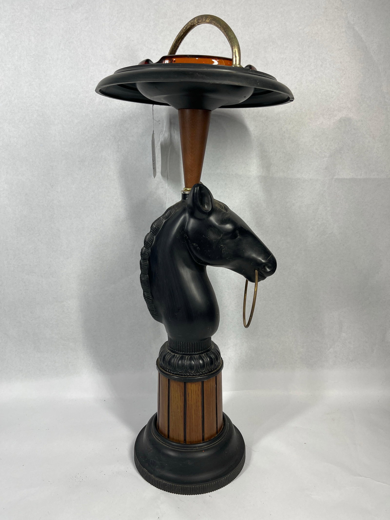 Vtg Mid-C. Equestrian Horse Head Stand: A vintage equestrian-themed floor-standing smoking stand or ashtray featuring a molded black horse head bust as the central decorative element. The horse head is detailed with a textured mane and a