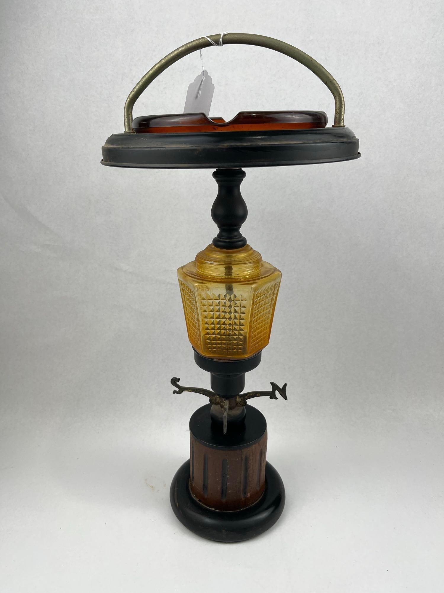Vtg Floor Ashtray w/ Amber Glass Insert: A vintage floor standing smoking stand constructed from wood, metal, and glass. The top section features a removable circular amber glass ashtray insert with four integrated cigarette rests, positione