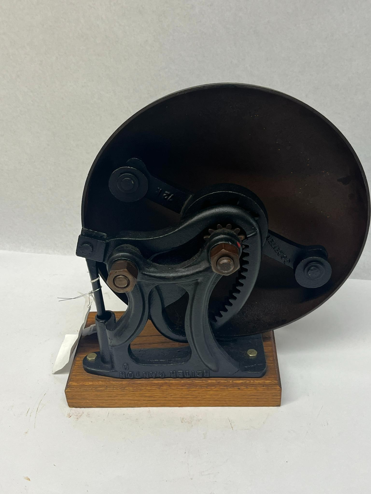 Reiter Canton Mechanical Rotary Gong: An antique industrial mechanical rotary gong manufactured by Reiter in Canton, Ohio. Features a cast iron frame and a heavy-gauge metal dome gong, likely constructed from steel or bronze. The cast