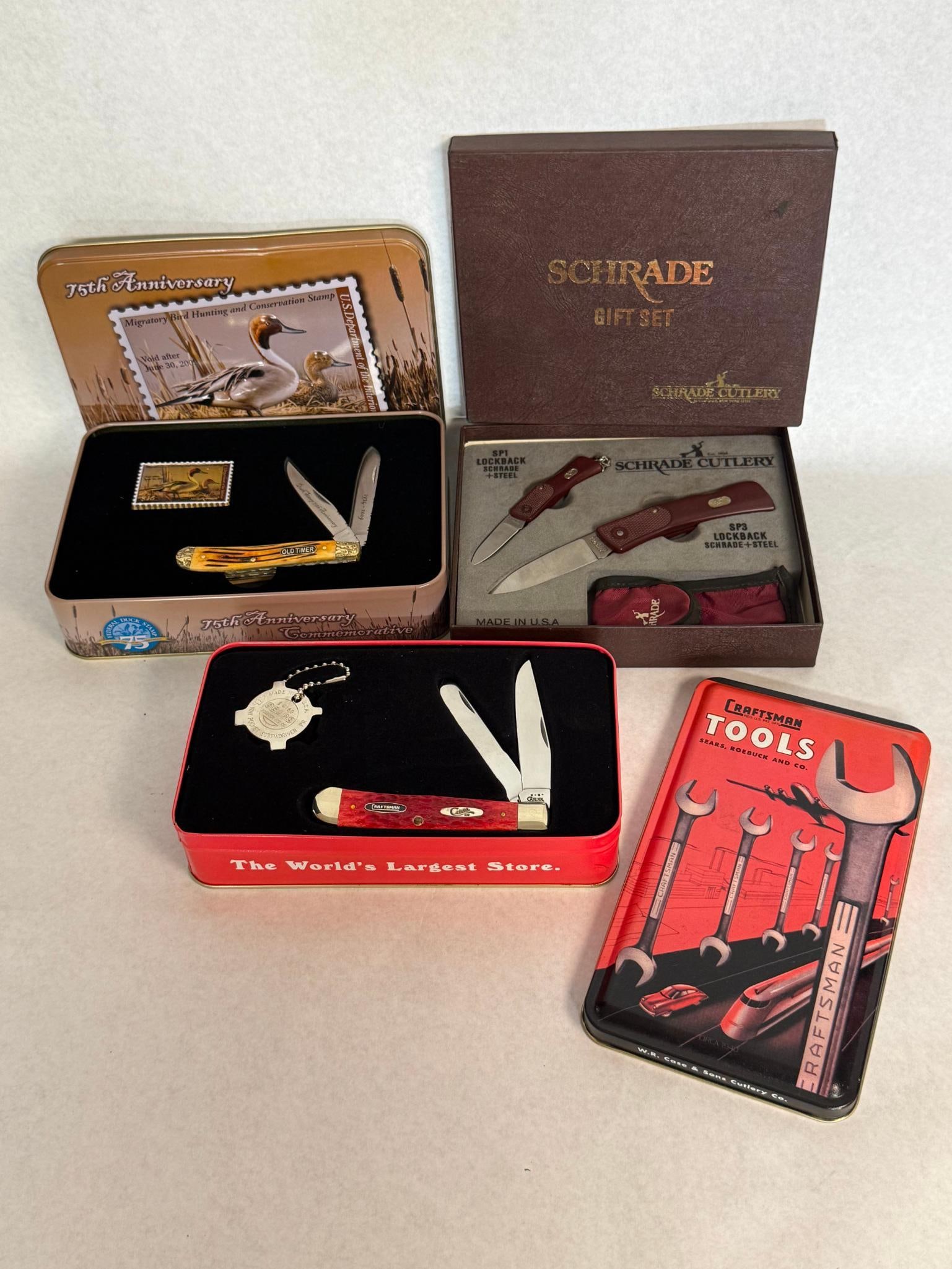 3 Case XX & Schrade Pocket Knife Sets: This collection comprises three boxed pocket knife sets, including commemorative and gift-themed editions manufactured in the United States. The knife features two polished stainless steel blades,