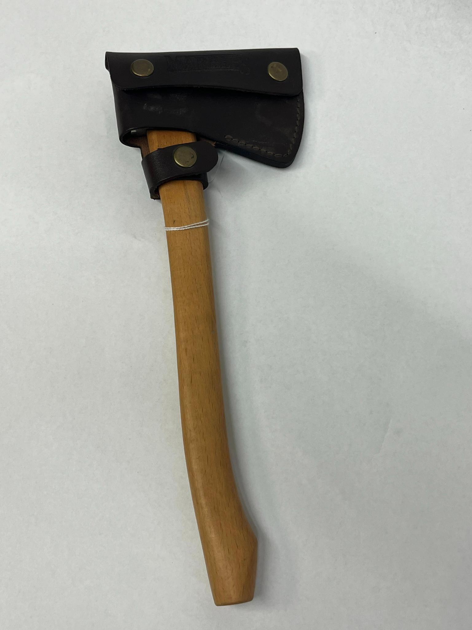 Marble's No. 009 Belt Axe w/ Sheath: A Marble's No. 009 belt axe featuring a polished steel head and a contoured hardwood handle. Stamped into the left side of the metal head is the text MARBLE'S BELT AXE NO. Dimensions: 14 in. L.