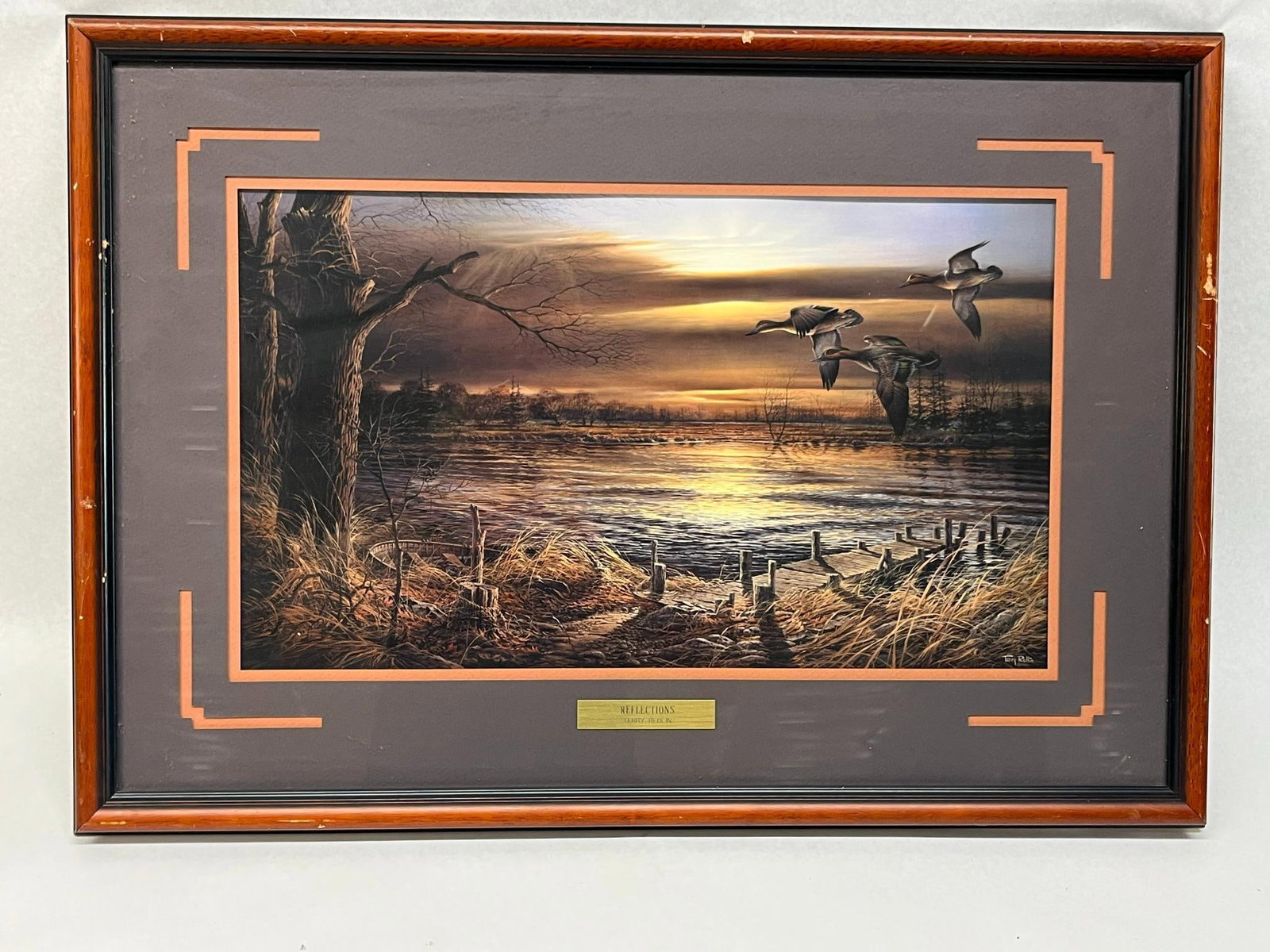 Terry Redlin Reflections Encore Print: This is a framed offset lithograph titled Reflections by artist Terry Redlin. A printed signature reading Terry Redlin is located in the lower right corner of the image. The lower mat features a cente